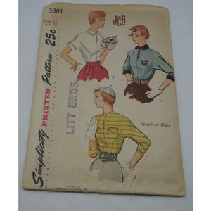 Simplicity 3381 Shirt Size 11" Bust 29" CUT Vintage 50's Pattern Women's Blouses